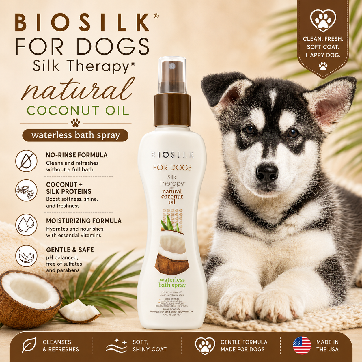 BioSilk for Dogs Silk Therapy Coconut Oil Waterless Bath Spray 237ml