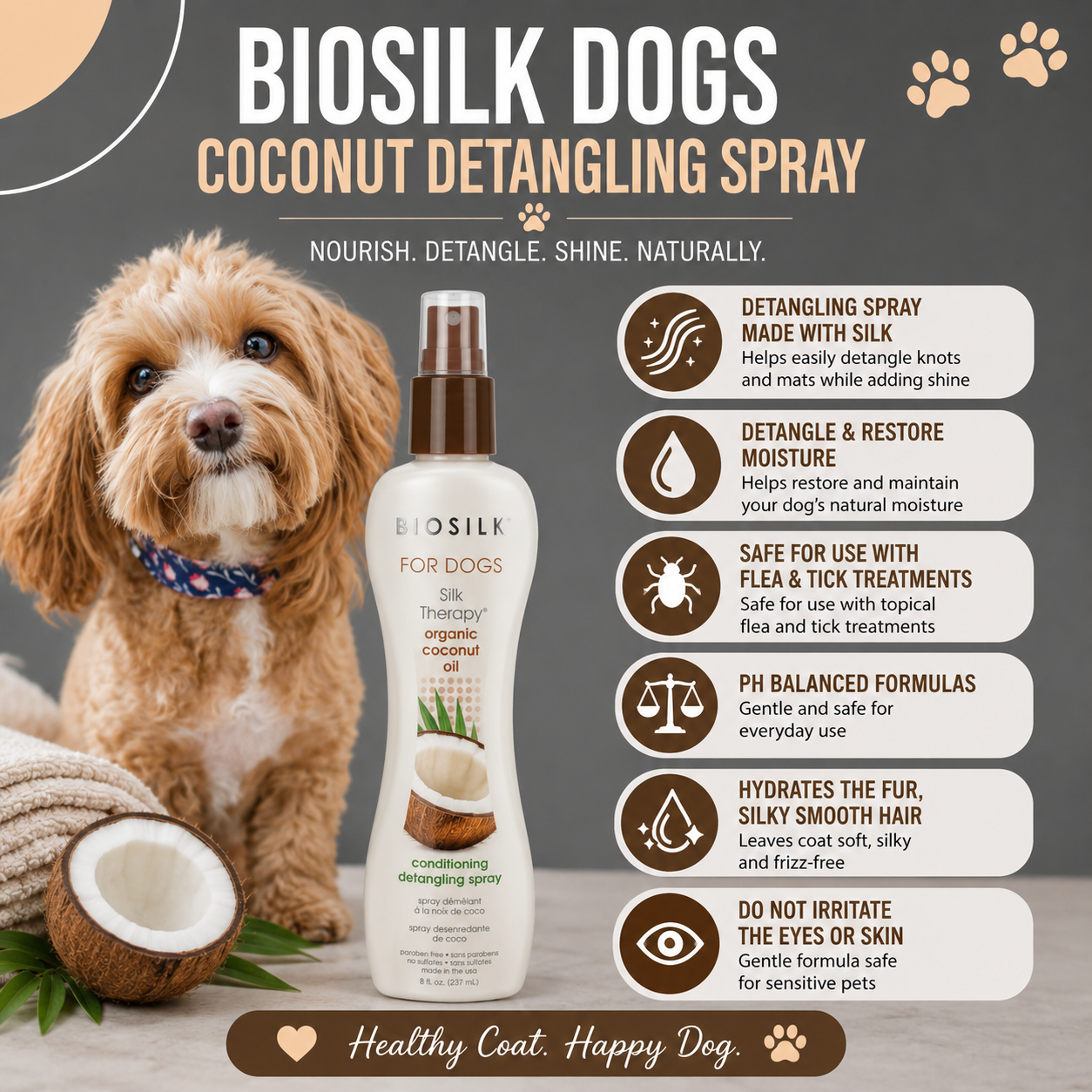 Biosilk Pets Coconut Conditioning Detangling Spray Dogs - 207ml